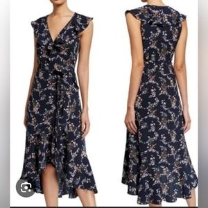 NWOT! Max Studio Floral Women's Navy Ruffled Cocktail Wrap Midi Spring Dress XS